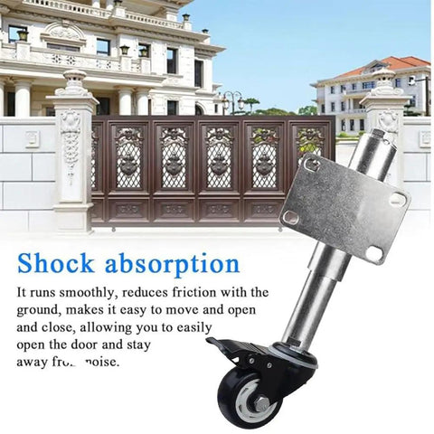 Built Tough 2 Point 5 Inch Spring Loaded Door Caster Wheel With Self Retracting Arm and Four Bolt Mounting Plate close-up on smooth operation.