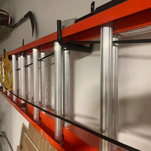 Heavy Duty Garage Storage Ladders Hooks Set 6 Pack Wall Mount Hangers That Hold Up To 50 Pounds mounted with a ladder