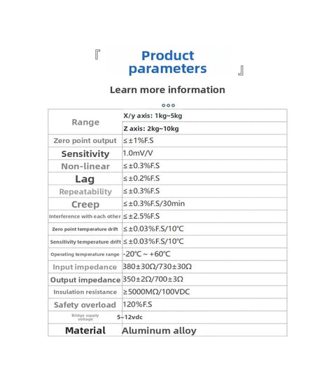 Product parameters of Three Dimensional Force Sensor Multi Axis Load Cell for Precise 3D Force Measurement in harsh environments
