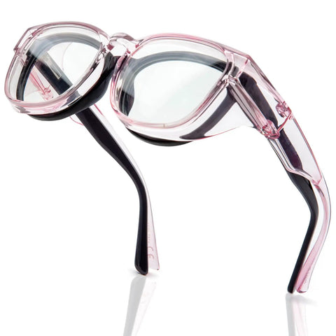 Light pink safety glasses that fit over eyeglasses, anti-fog, ANSI Z87.1 certified, lightweight TR90 wraparound eyewear for women