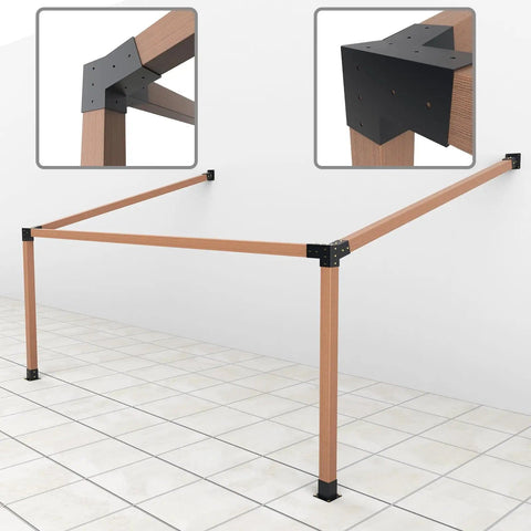 Installed view of 15 Degree Slanted Roof Pergola Bracket Kit With Wall Mount Extension And 3-Way Brackets For Outdoor Pergolas, Fits 4x4 Lumber Actual 3.5x3.5, Built Tough Heavy Duty Steel Construction For Log Cabins And Patios.