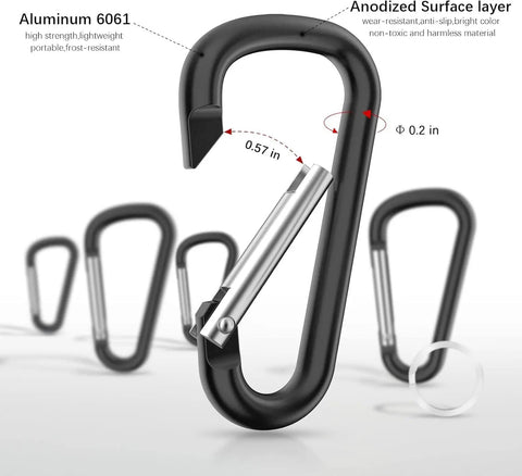 Close-up of black aluminum 2 Point 28 Inch Small Aluminum Carabiner Clip with steel latch, part of a Set Of 20 for multipurpose use