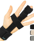 Hand wearing black Full Trigger Finger Splint for Hand and Wrist Support, All Day Comfort, Adjustable Locking Straightener Immobilizer.
