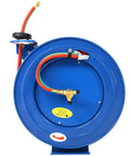 Retractable Welding Hose Reel 100 Foot Oxygen And Acetylene Twin Line With Beefy Steel Frame, close-up of blue reel and hoses.