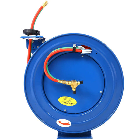 Retractable Welding Hose Reel 100 Foot Oxygen And Acetylene Twin Line With Beefy Steel Frame, close-up of blue reel and hoses.