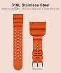 Close-up of orange 316L stainless steel quick release spring bars on watch band for easy install, fits standard lugs.