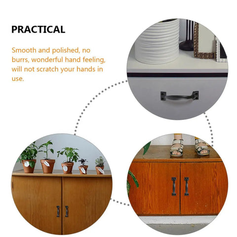 Six Inch Black Arch Cabinet Handles Set Of Six Vintage Iron Drawer Pulls installed on wooden and white cabinets