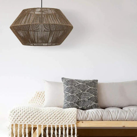 Malay 1-Light Pendant Light With Natural Twine Shade And Black Hanging Cord, stylish above cozy sofa in modern living room.