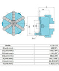 Front and side views of a K13-125 6-jaw self-centering lathe chuck with blue housing, 125 mm.