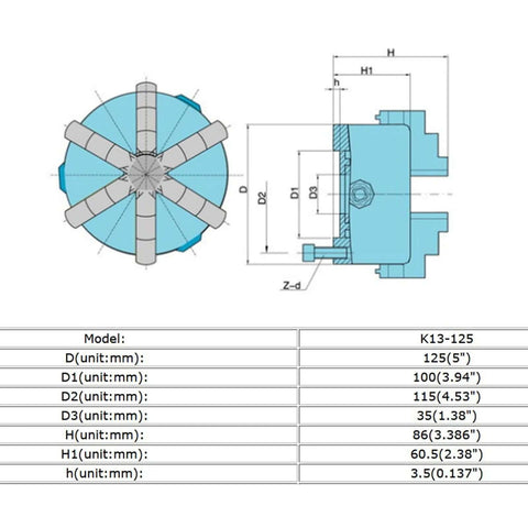 Front and side views of a K13-125 6-jaw self-centering lathe chuck with blue housing, 125 mm.