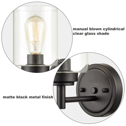 Cool Industrial Black Wall Sconces Two Pack With Cylindrical Clear Glass Shades For Bathroom Vanity Lighting Hardwired Mount