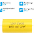15uF 250V Axial Film Capacitor MKP CBB20 For Audio Crossover And Speaker Systems Yellow Step Less Film Capacitor Self Healing Pro Grade Quality High Stability 2 Pin Lead 34mm Long, yellow axial capacitor