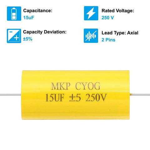 15uF 250V Axial Film Capacitor MKP CBB20 For Audio Crossover And Speaker Systems Yellow Step Less Film Capacitor Self Healing Pro Grade Quality High Stability 2 Pin Lead 34mm Long, yellow axial capacitor