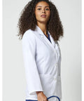 Women's 28 Inch Poplin Lab Coat With Notched Lapels And Button Front Built To Last All Day Comfort Workhorse Medical Coat In White Sizes From XS To 3XL worn by a model