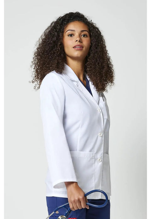Women's 28 Inch Poplin Lab Coat With Notched Lapels And Button Front Built To Last All Day Comfort Workhorse Medical Coat In White Sizes From XS To 3XL worn by a model