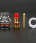 Gas Lens TIG Torch Kit for Arc Welding, with collets, nozzle, gasket, fluid nozzles, and silicone ring for improved weld quality.