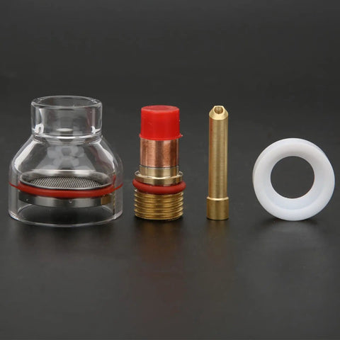 Gas Lens TIG Torch Kit for Arc Welding, with collets, nozzle, gasket, fluid nozzles, and silicone ring for improved weld quality.