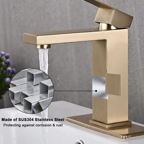 Brushed Gold One Hole Bathroom Faucet With Pop Up Drain showing SUS304 steel structure, modern stainless steel waterfall spout.