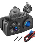 Tent Style Power Panel With 12V USB Outlet And Lighted Cigarette Lighter Socket PD3.0 And QC3.0 Car USB Port showing voltmeter