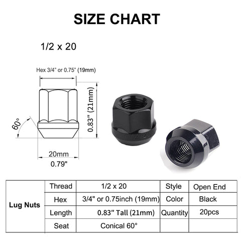 Size chart for Pack Of 20 Half Inch Lug Nuts Open End Bulge Acorn Style Six Spline Sixty Degree Taper Three Quarter Inch Hex