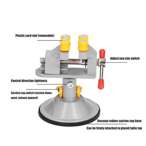 Heavy Duty Mini Suction Cup Vise Bench Mount 360 Rotation Universal Desktop Clamp For Woodwork with adjustable jaw and vacuum base.