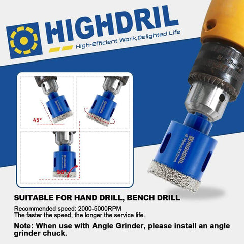 Front view of HIGHDRIL dry diamond tile drill bit with hex shank, blue, 30mm diameter for porcelain and stone.
