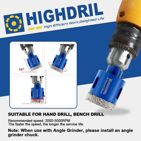 5 Pack 14mm Diamond Tile Drill Bits With Hex Shank For Porcelain Ceramic Marble Granite And Other Hard Materials Vacuum Brazed Core Bits 80mm Length No Slip Hex Shank Clean Fast Drilling For Electric Drills displayed with hand drill