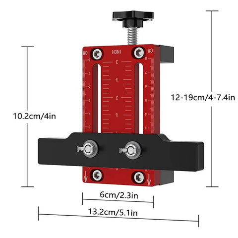 Heavy Duty Cabinet Door Mounting Jig, aluminum alloy tool with measurement markings for accurate hinge installation.