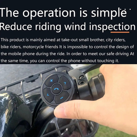 Hand holding Wireless Media Button Remote Control Kit for Phone with IP67 Waterproof on bicycle handlebar, Bluetooth 5.3