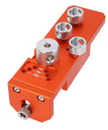 Heavy Duty Aluminum Drill Guide Tap Jig For Straight Shooting Thread Tapping And Reliable Industrial Machinery Assembly Projects That Get Done Right Every Single Time, orange design with silver fittings.