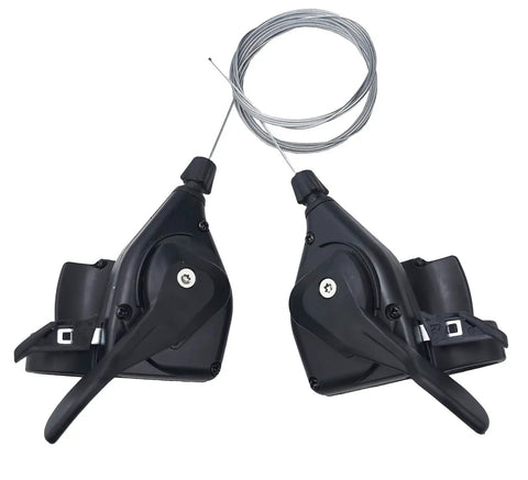 Left 3 Speed Thumb Shifter And Right 7 Speed Gear Shifter With Gear Indicator For 21 Speed Bicycles shown with cables