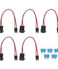 Heavy Duty Mini Blade Fuse Connector Holder 5 Pack 20 Amp Atm With 16 Awg Wire Extension, showcasing five connectors and fuses.