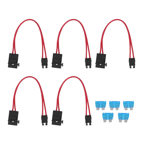 Heavy Duty Mini Blade Fuse Connector Holder 5 Pack 20 Amp Atm With 16 Awg Wire Extension, showcasing five connectors and fuses.