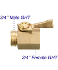 Side view of 2 Pack Solid Brass Garden Hose Shut Off Valves 3/4 Inch With Extra Washers Gate Style Valve, ergonomic handle visible.