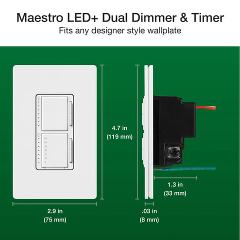 Dimensions of Maestro LED Plus 2 In 1 Dimmer And Timer Switch For Lights Or Fans, Space Saving Stack Design, White Finish.