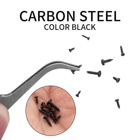 Hella Strong 1200 Piece Micro Tapping Screws Tight Cross Drive Threads with a metal tweezer and screws in hand.