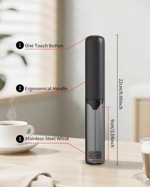 Rechargeable Handheld Milk Frother With Dual Coil Whisk Head Electric Coffee Frother Wand in black, showing dimensions.