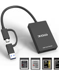 XQD Card Reader With USB 3.0 Dual Type A And Type C, 5Gbps Transfer Speed, compatible cards displayed below, plug and play design