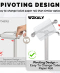 Comparison of pivoting post designs for free standing toilet paper holder, illustrating ease of roll change with brushed nickel finish.