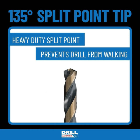 Drill America HSS KFD drill bit with gold/black coating and 135° split-point tip, front view.