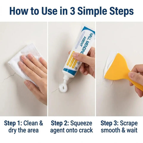 Three-step process using Wall Repair Kit With Scraper And Drywall Patch Paste For Holes And Cracks Quick Drying Patch Cream That Blends Into White Walls