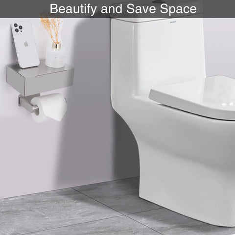 Adhesive Toilet Paper Holder With Shelf And Storage, Wall Mount Toilet Paper Roll Holder And Flushable Wipes Dispenser, Fits Any Bathroom, Stainless Steel Round Brushed Nickel, Easy Install, No Fuss Setup
