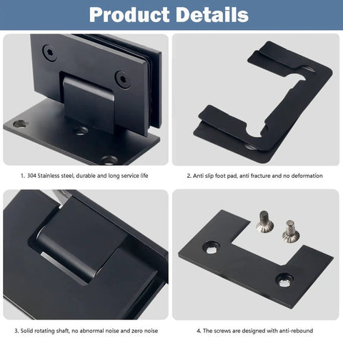 Rock Solid Matte Black Glass Door Hinges Heavy Duty 304 Stainless Steel showcasing durable design, anti-slip pad, and detailed components.