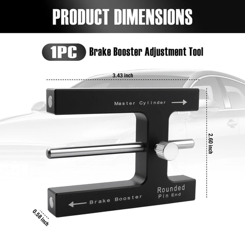 Brake booster adjustment tool, aluminum body with chrome push rod; black frame labeled Master Cylinder and Brake Booster.