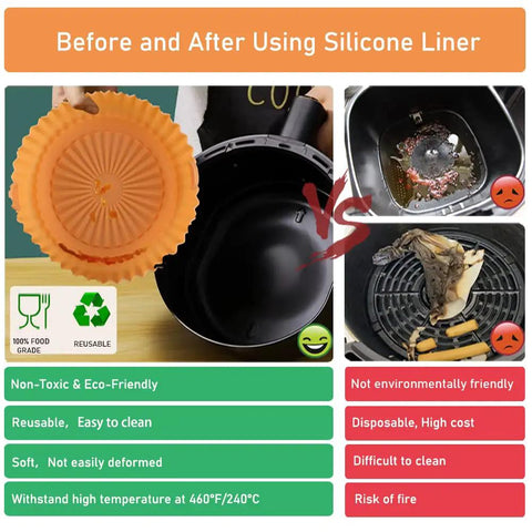 Silicone Air Fryer Liners For Small 2Qt Fryers 2 Pack Reusable Nonstick Liners In Blue And Orange With Contoured Ridges For Even Heating And Easy Cleanup demonstration showing before and after results in orange color.