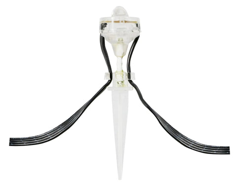Close-up of ZigBee RGBW Color Changing Outdoor Accent Light from Starter Kit with ground stake and black wires, wet rated for outdoors.
