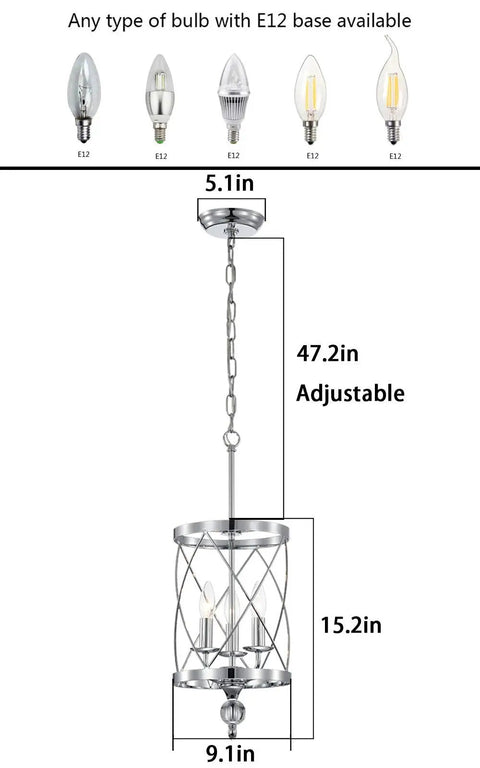 Chandelier Industrial Pendant Light With Chrome Finish, 3 Light Cylinder Metal Shade dimensions.