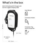 Tough Level 2 EV Charger For Home Garages With 25 Ft Cord And Standard J1772 Plug Hardwired Setup includes user manual and connector holster.