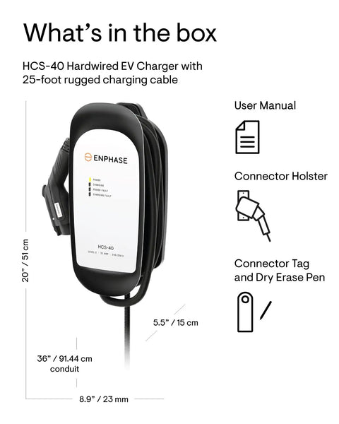 Tough Level 2 EV Charger For Home Garages With 25 Ft Cord And Standard J1772 Plug Hardwired Setup includes user manual and connector holster.