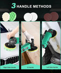 1600W Car Buffer Polisher With 7 Inch And 6 Inch Pads Pure Copper Motor Variable Speed 1000 To 3500 RPM shown in use on car, furniture, and with three handle methods.
